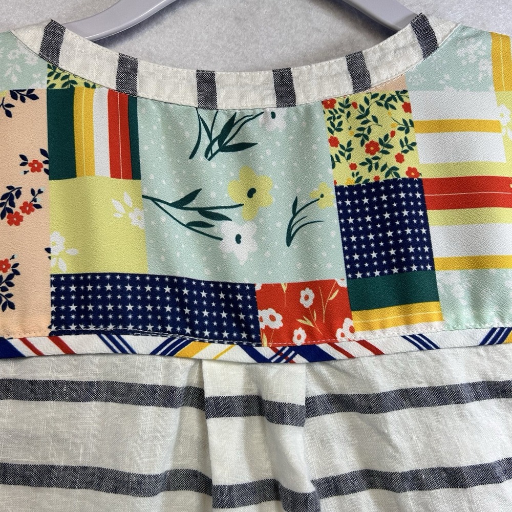 John Mark Linen Floral Embroidered Blouse Size M Blue And White Striped - Picture 6 of 7